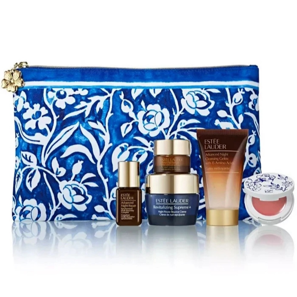 Estee Lauder Blue and White Floral Pouch Skincare Bundle